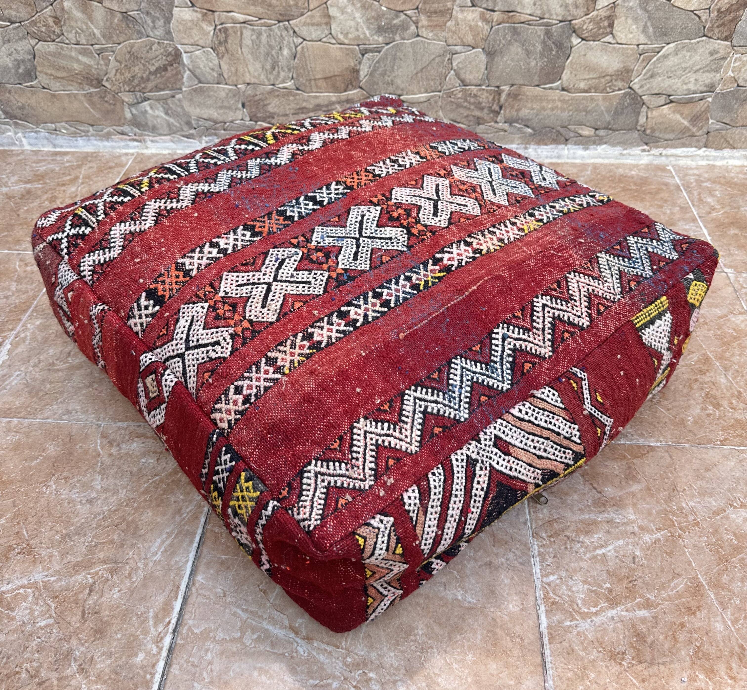 Vintage handmade Berber Kilim pouf, Moroccan floor cushion.