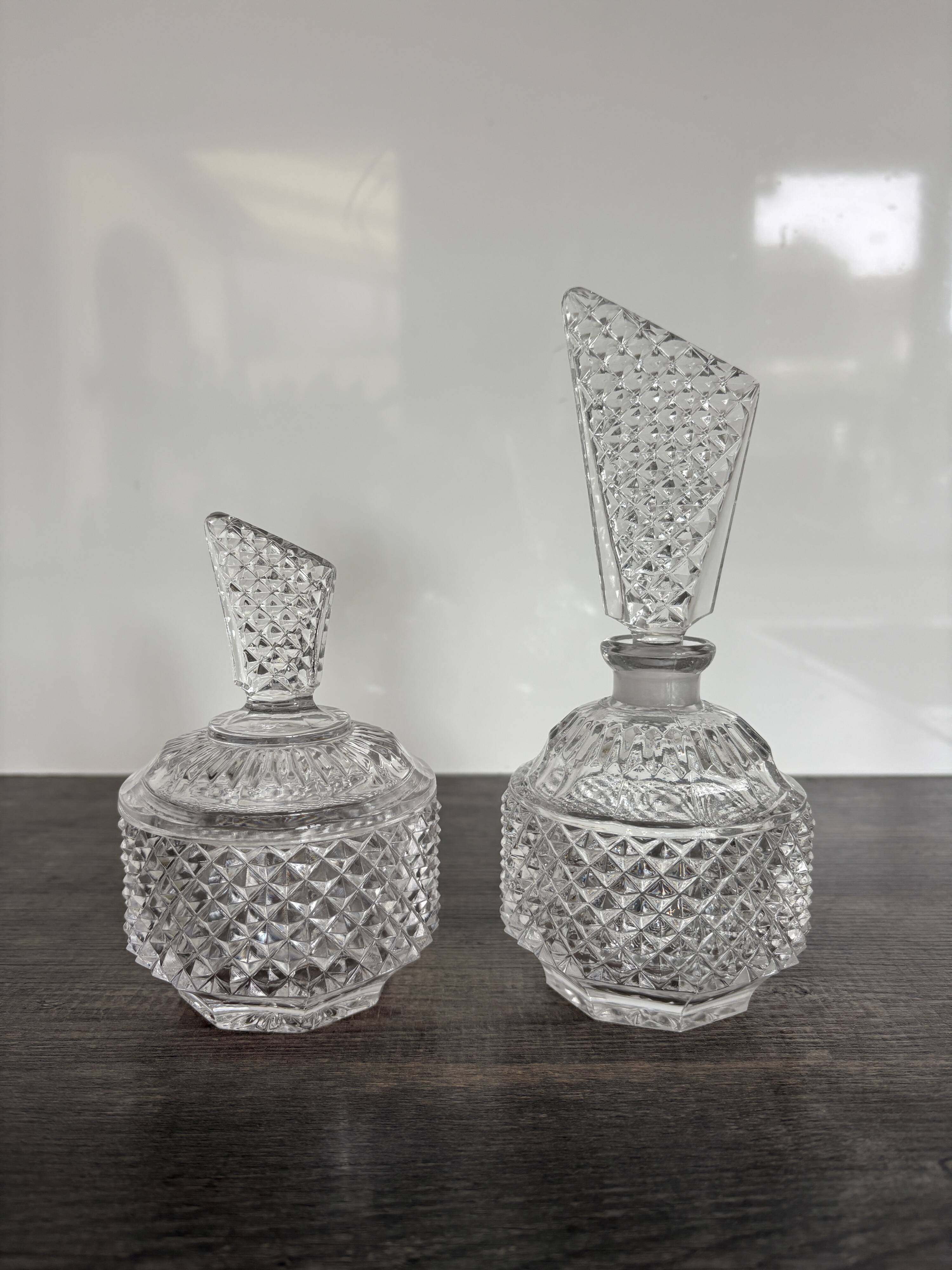 Pair of crystal-style cut glass bottles – retro/vintage dressing table