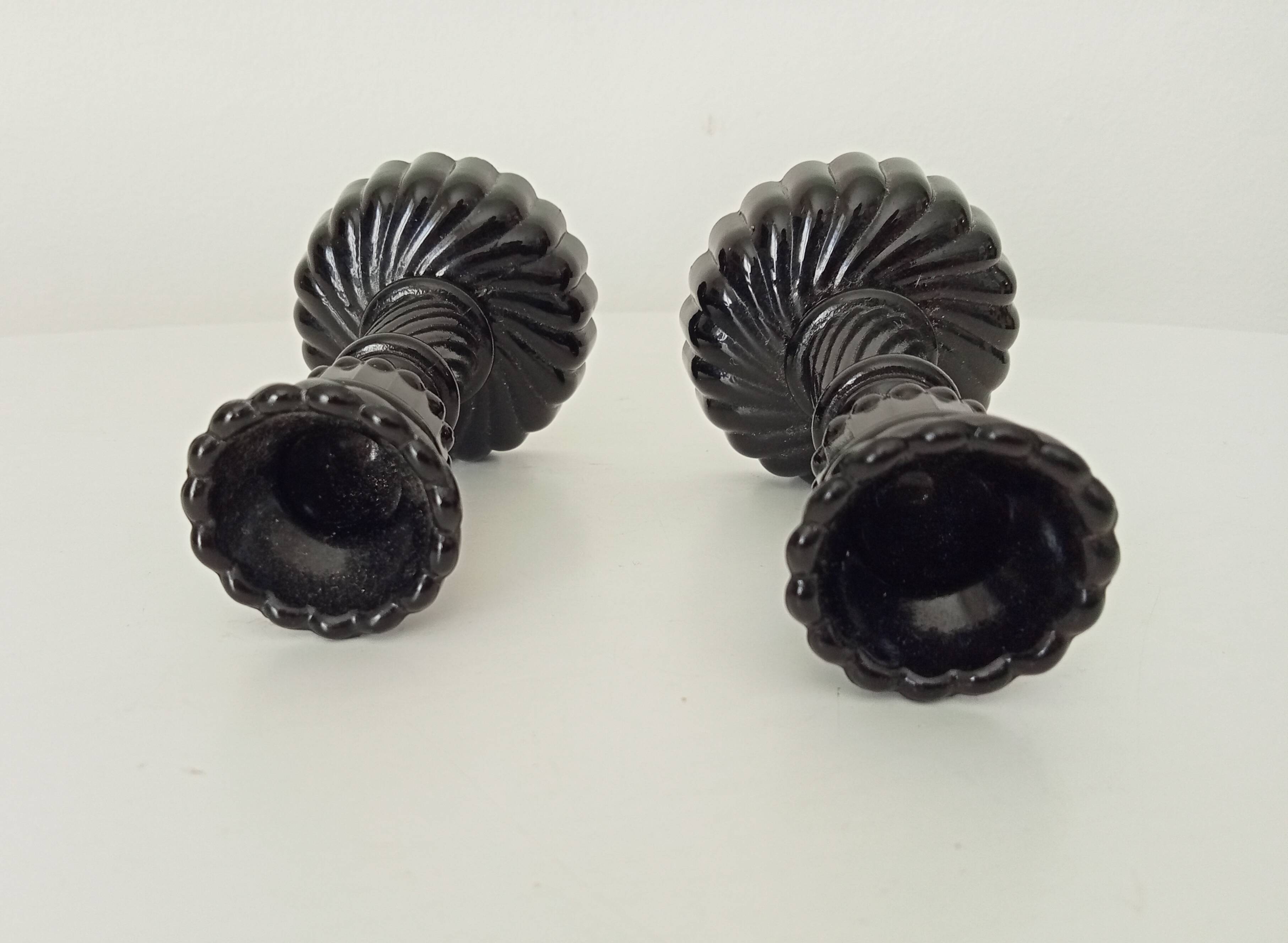 Pair of vintage 60s candlesticks in black opaline