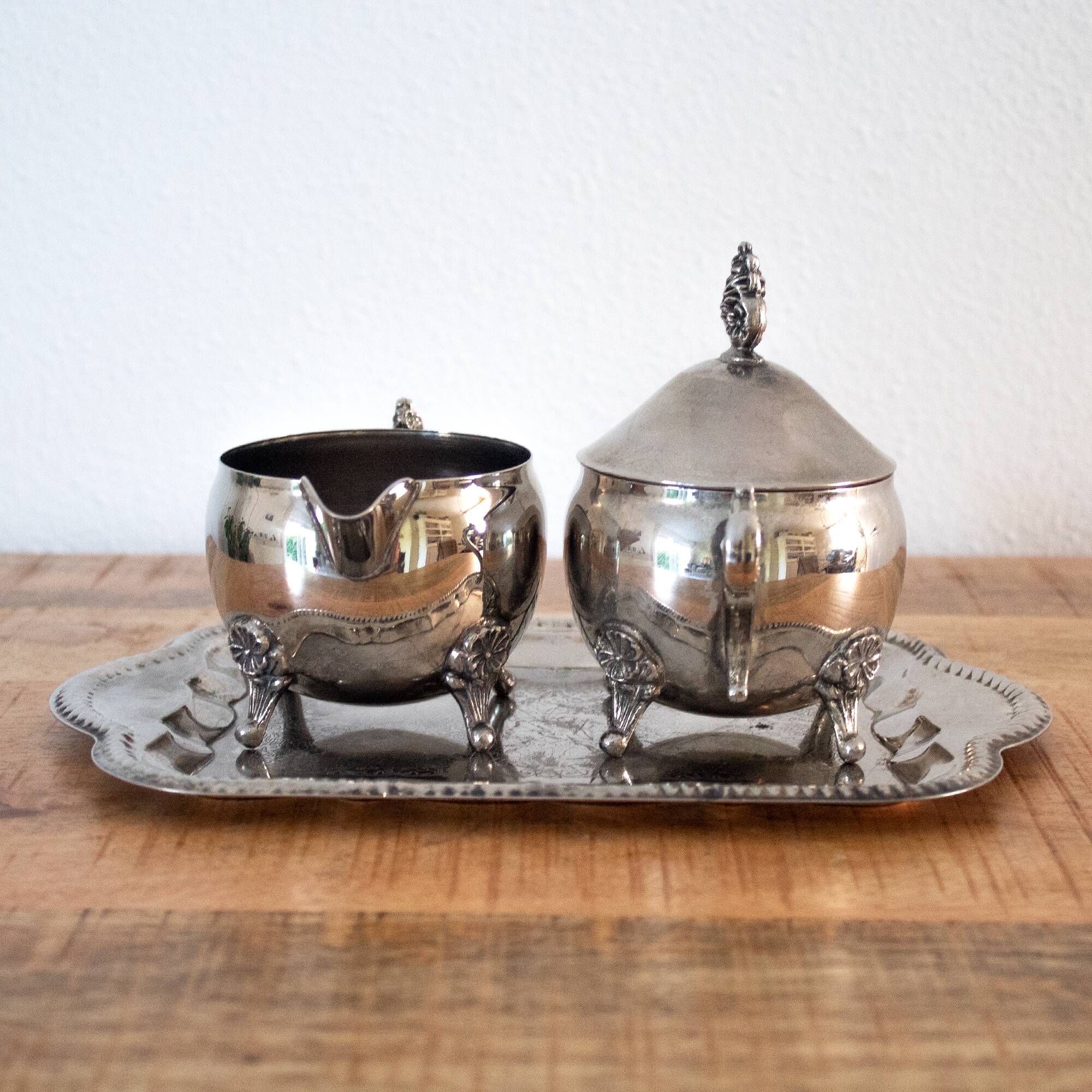 Antique Silver Plated Sugar Bowl & Creamer Set on Tray: Old Tableware