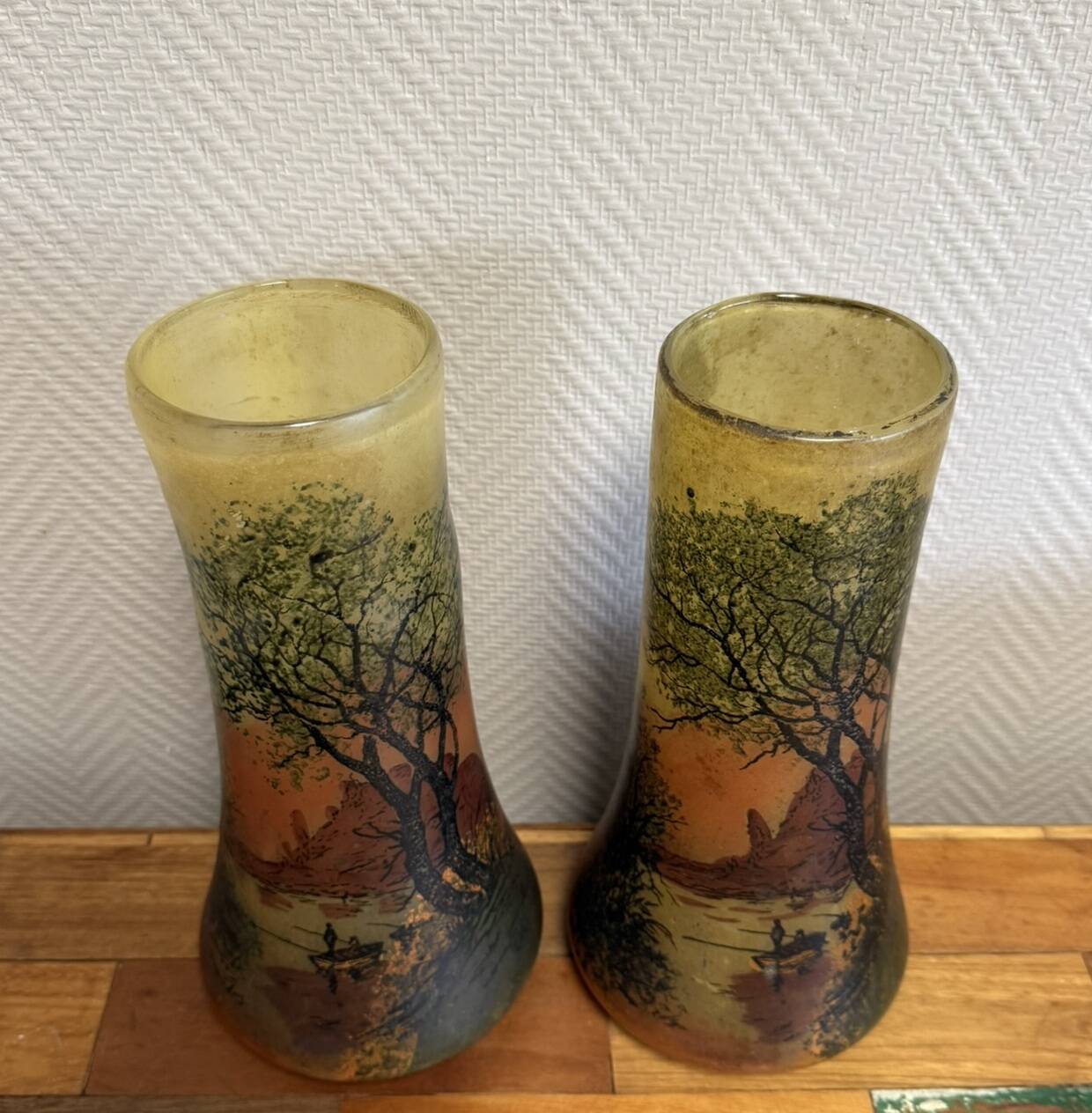 According to Legras: Pair of stained glass roller vases