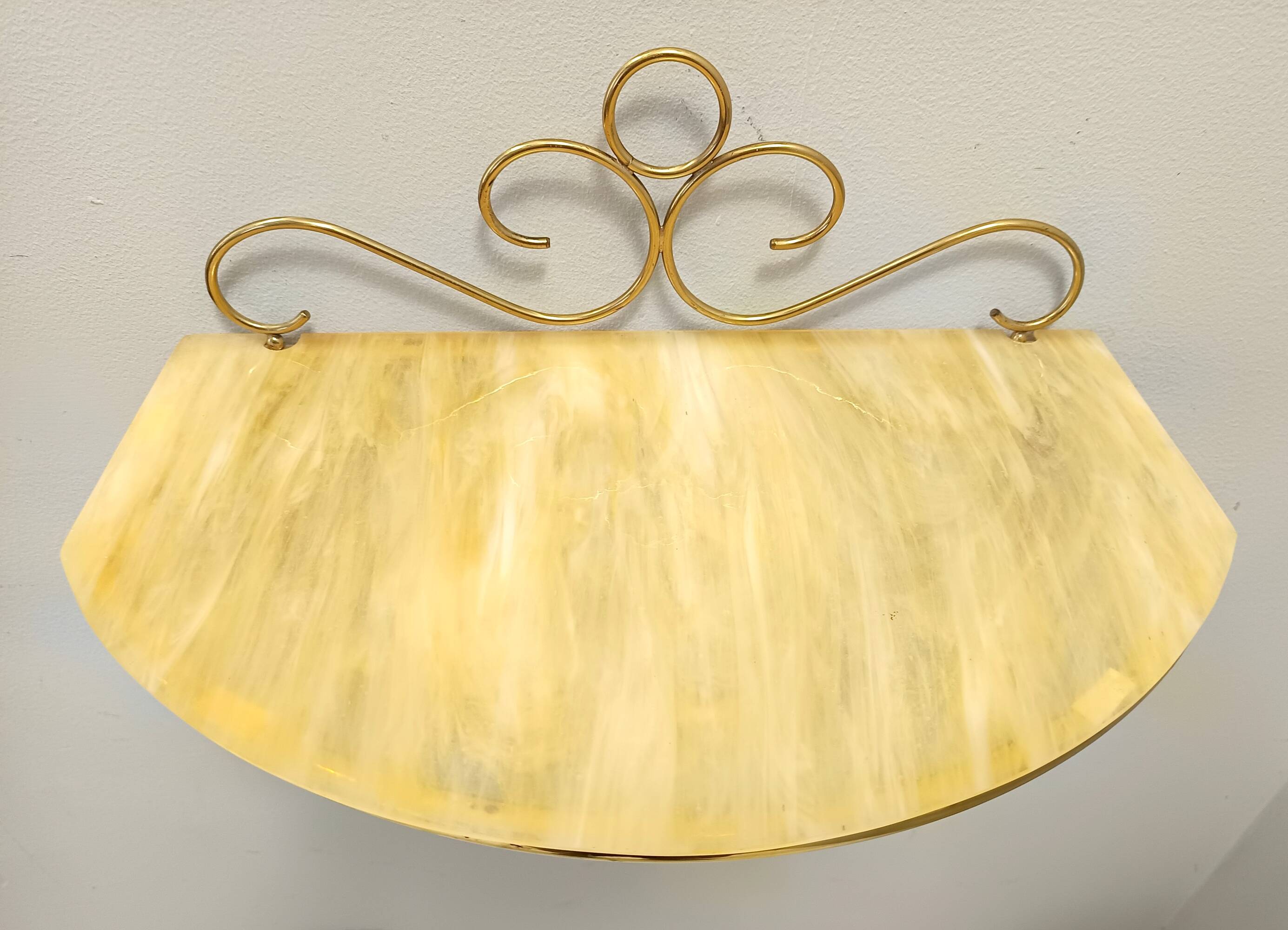 Pair of Wall-Mounted Brass and Murano Glass Console Tables / Nightstands