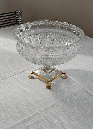 Cut crystal bowl on a brass base in bohemian style.