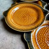 8 flat plates fish Sarreguemines in ochre glazed earthenware