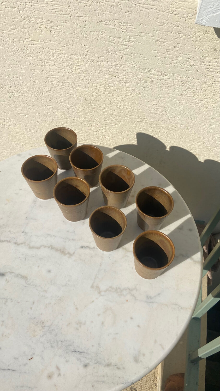 Set of 8 cups in glazed stoneware vintage Digoin 1970