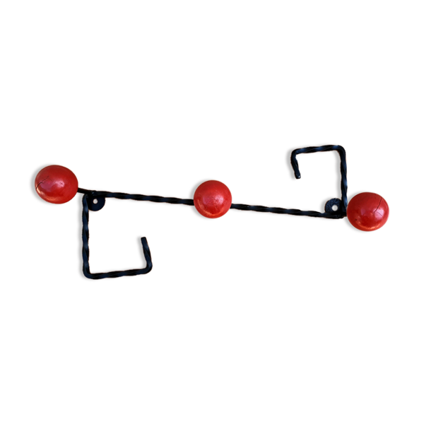 Porte manteau fer forgé et boules bois rouges
