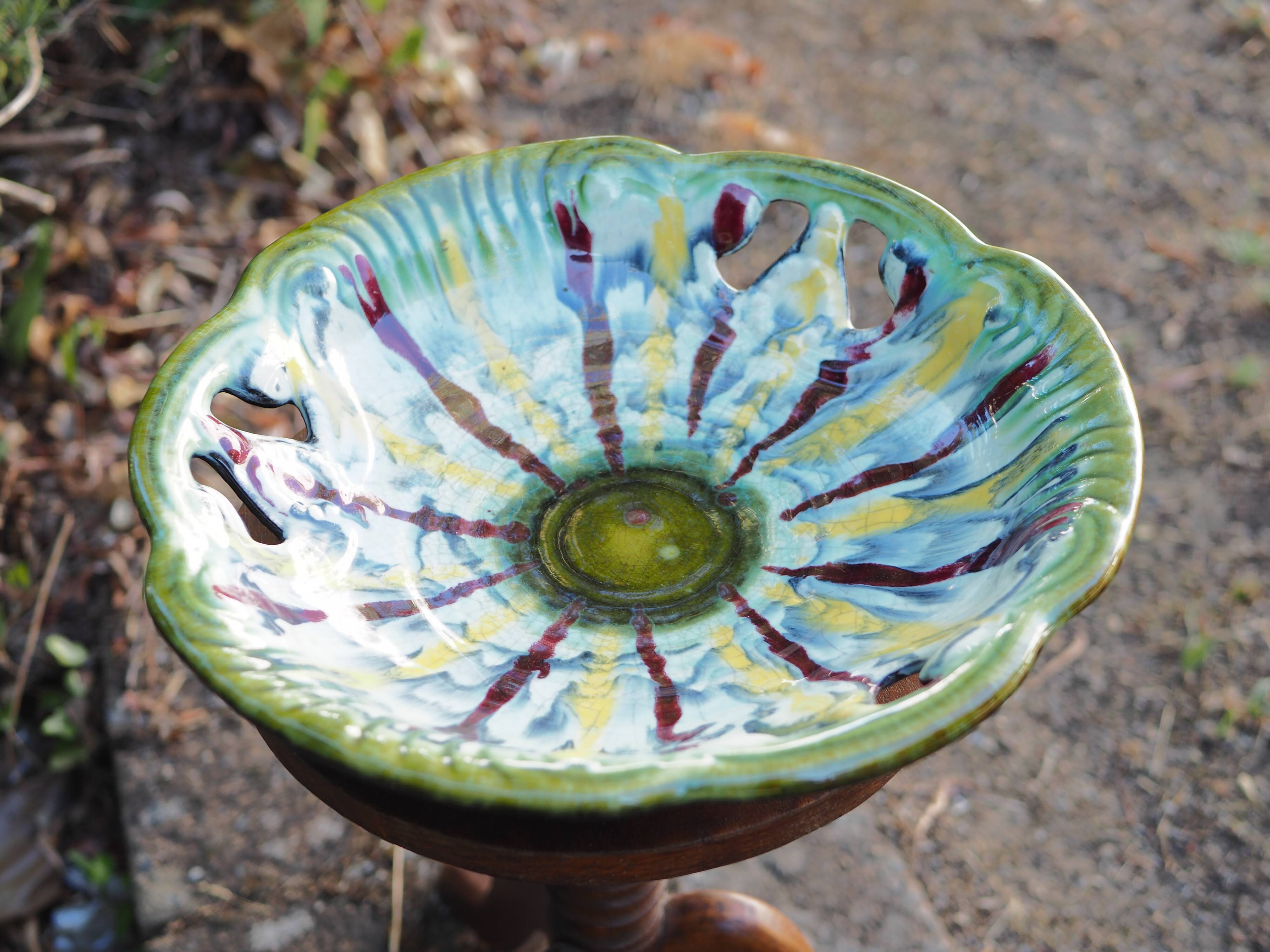 Coupe à fruit ajourée à coulures jaunes et rouges - Fat lava, West Germany - années 70