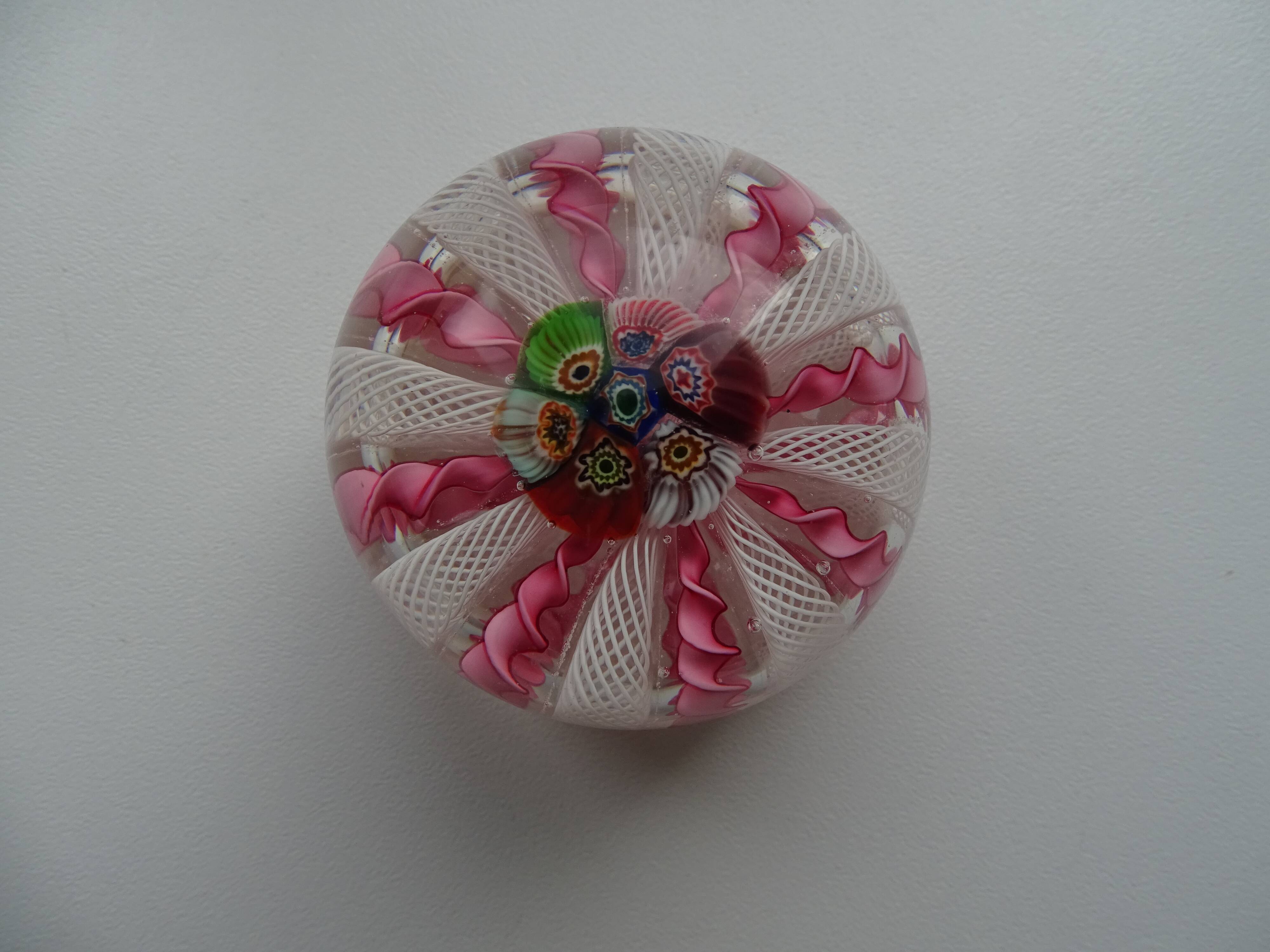 Murano paperweight millefiori and latticino twisted ribbons