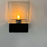 Pair of vintage wall lights, glass and black metal, Italy 1980