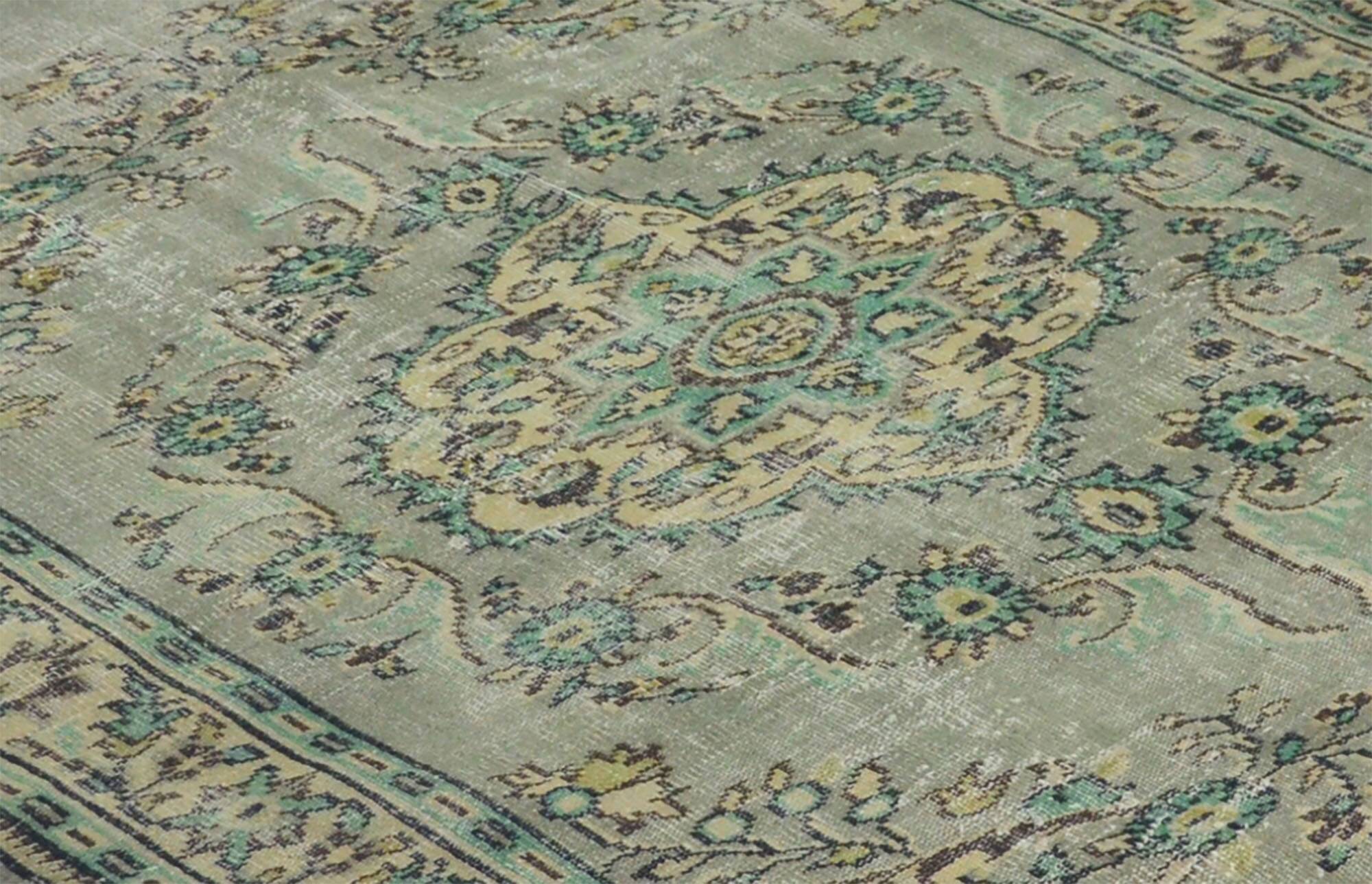 Vintage Turkish Rug Sage Green with Medallion 287 x 193 cm