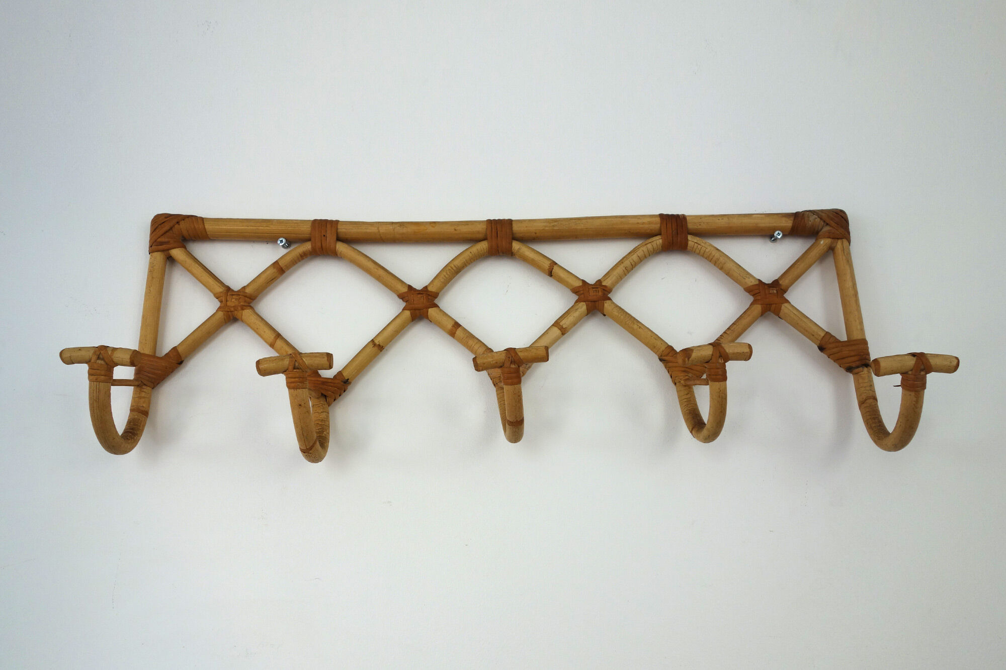 Vintage rattan coat rack 5 hooks 50s