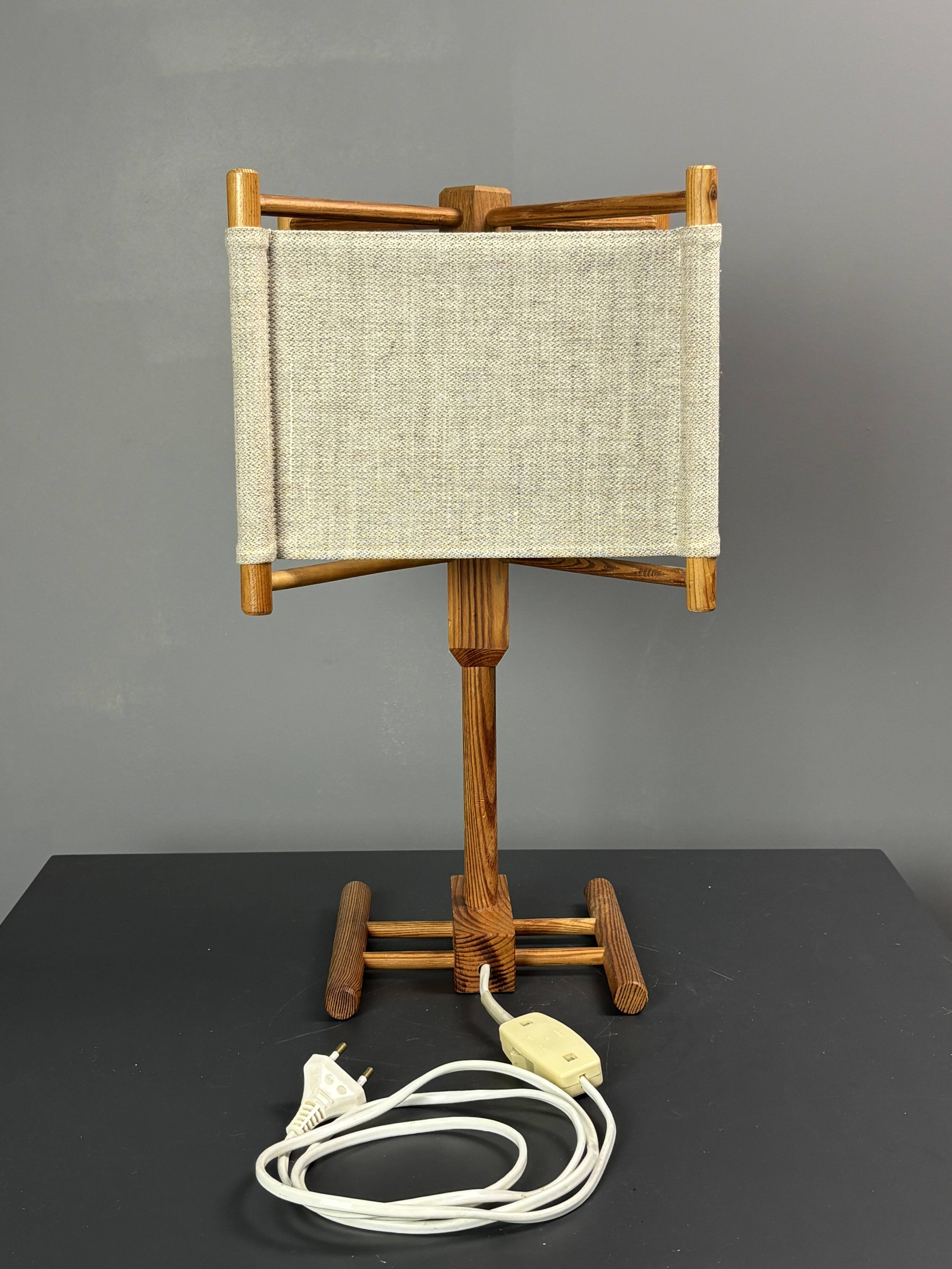 Midcentury Scandinavian pine table lamp with square fabric shade, 1970s