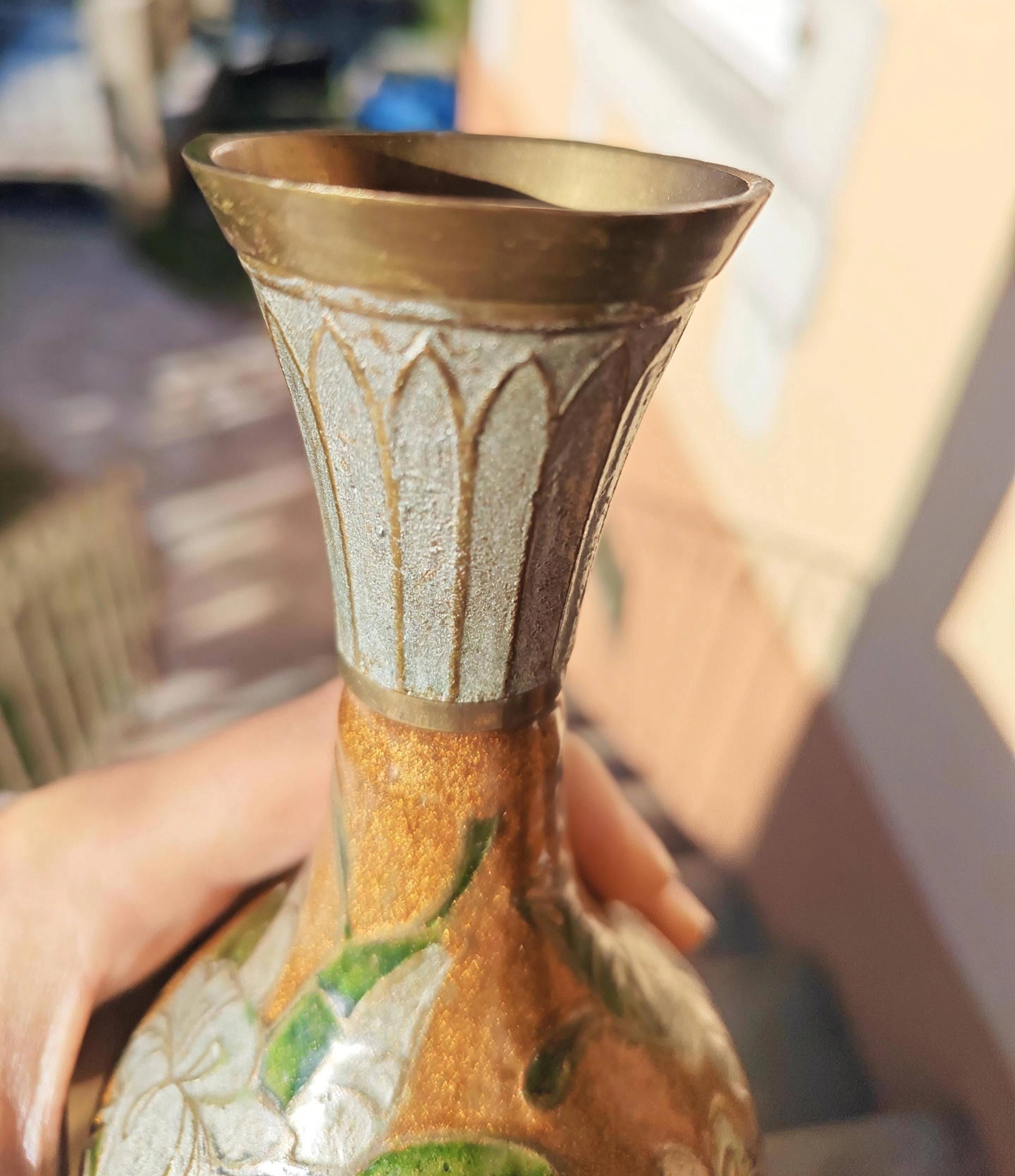 Antique oriental metal vase – floral decoration – vintage