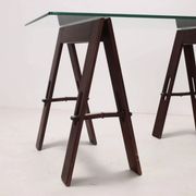 Vintage wooden trestle table with a crystal top, Italy, 1980s.