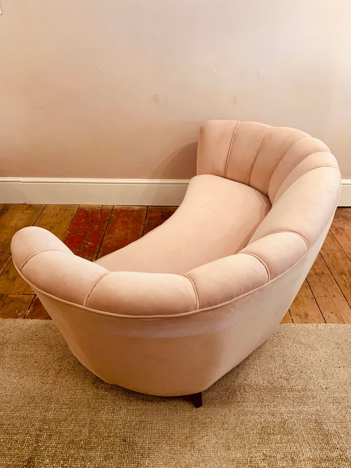 1940s Danish Banana Shaped Scalloped Sofa in Blush Pink