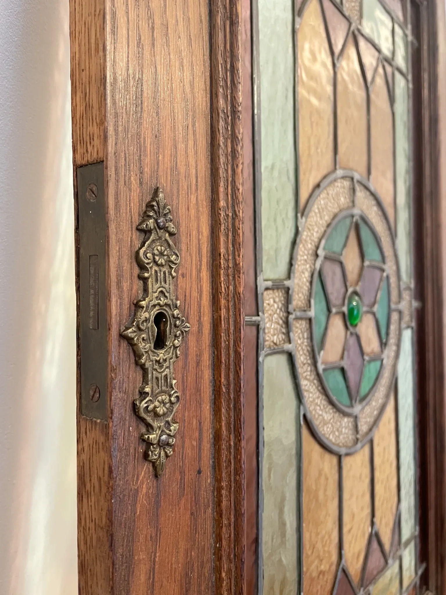Rare - antique wooden furniture door with art nouveau stained glass