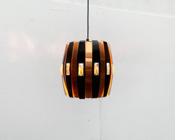 Lampe suspension danoise en métal cuivre et noir et prisme de style mid-century modern par Werner Schou pour Coronell Elektro