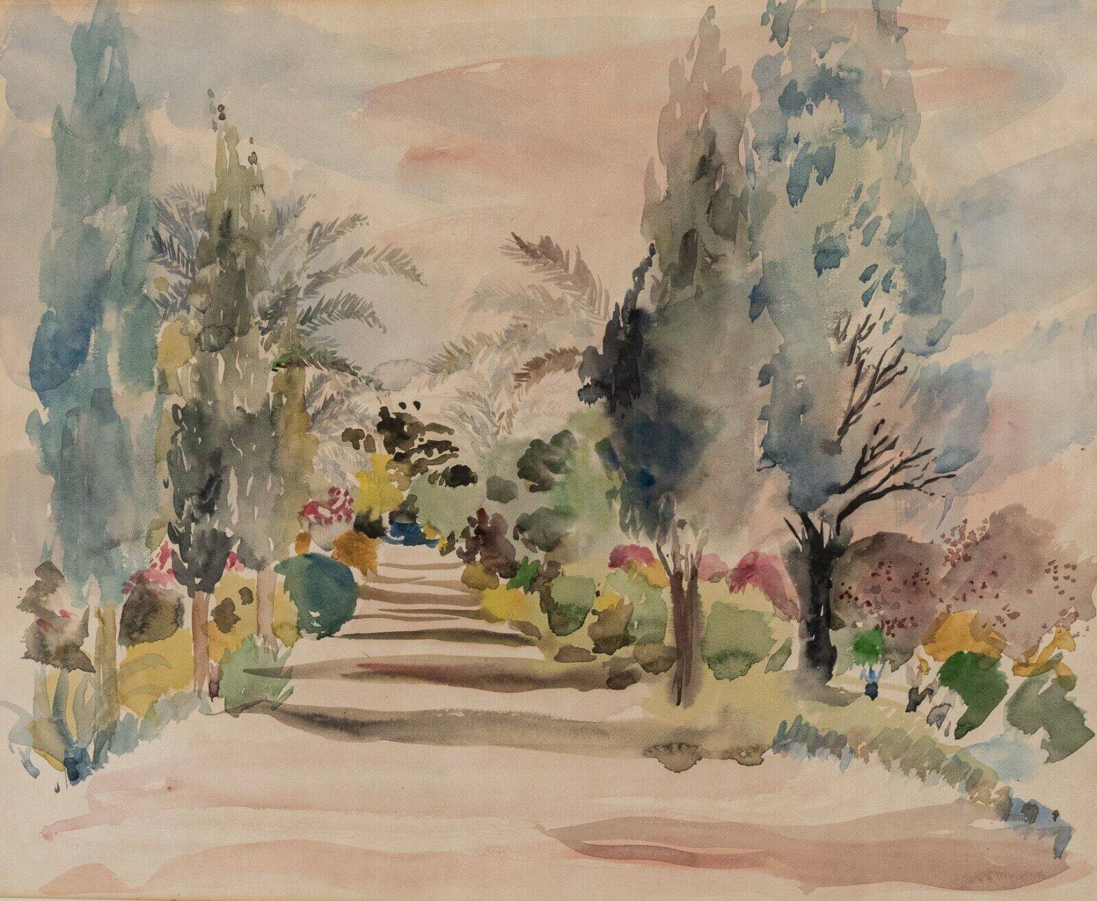 Watercolor on paper by Bernadette Sers Allée de Cyprès 20th century
