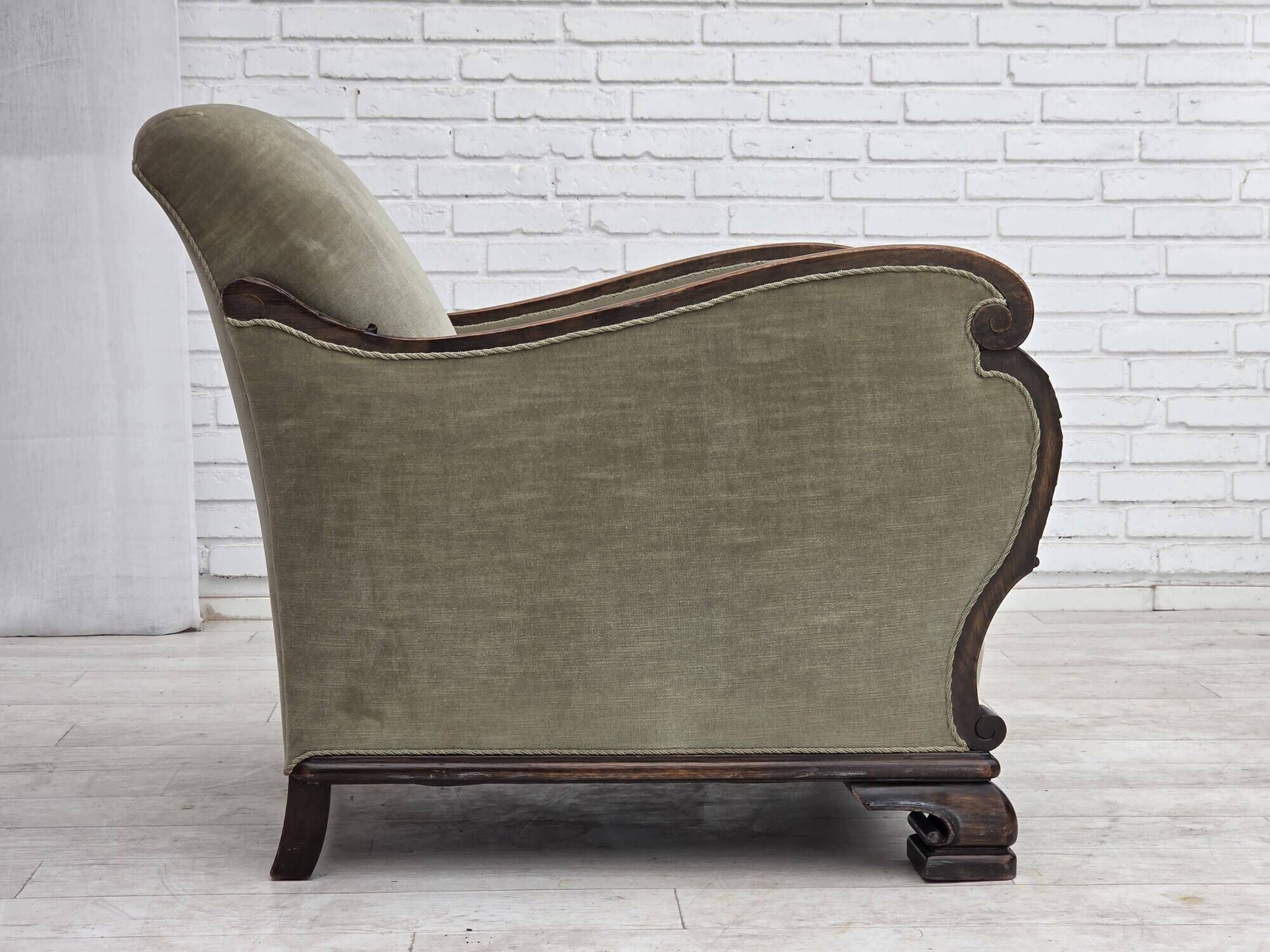 1950s, Danish relax armchair, furniture velour, carved oak wood.