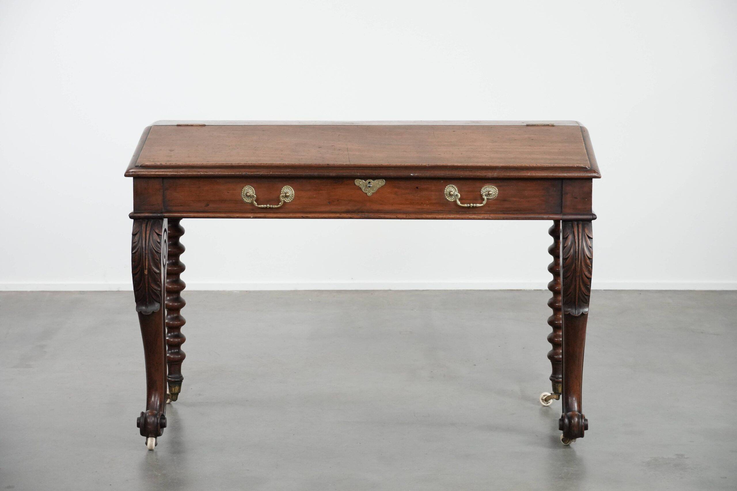 19th century English antique oak wall desk/writing table on wheels