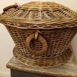Antique round wicker basket with lid