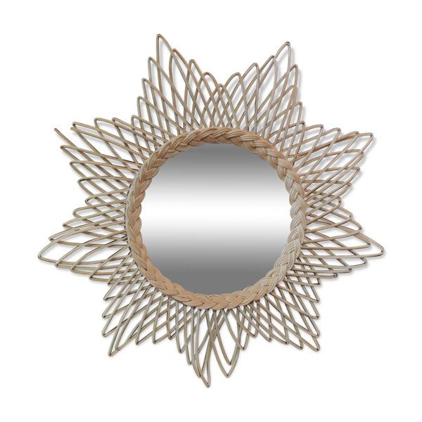 Miroir soleil rotin vintage, 51 cm