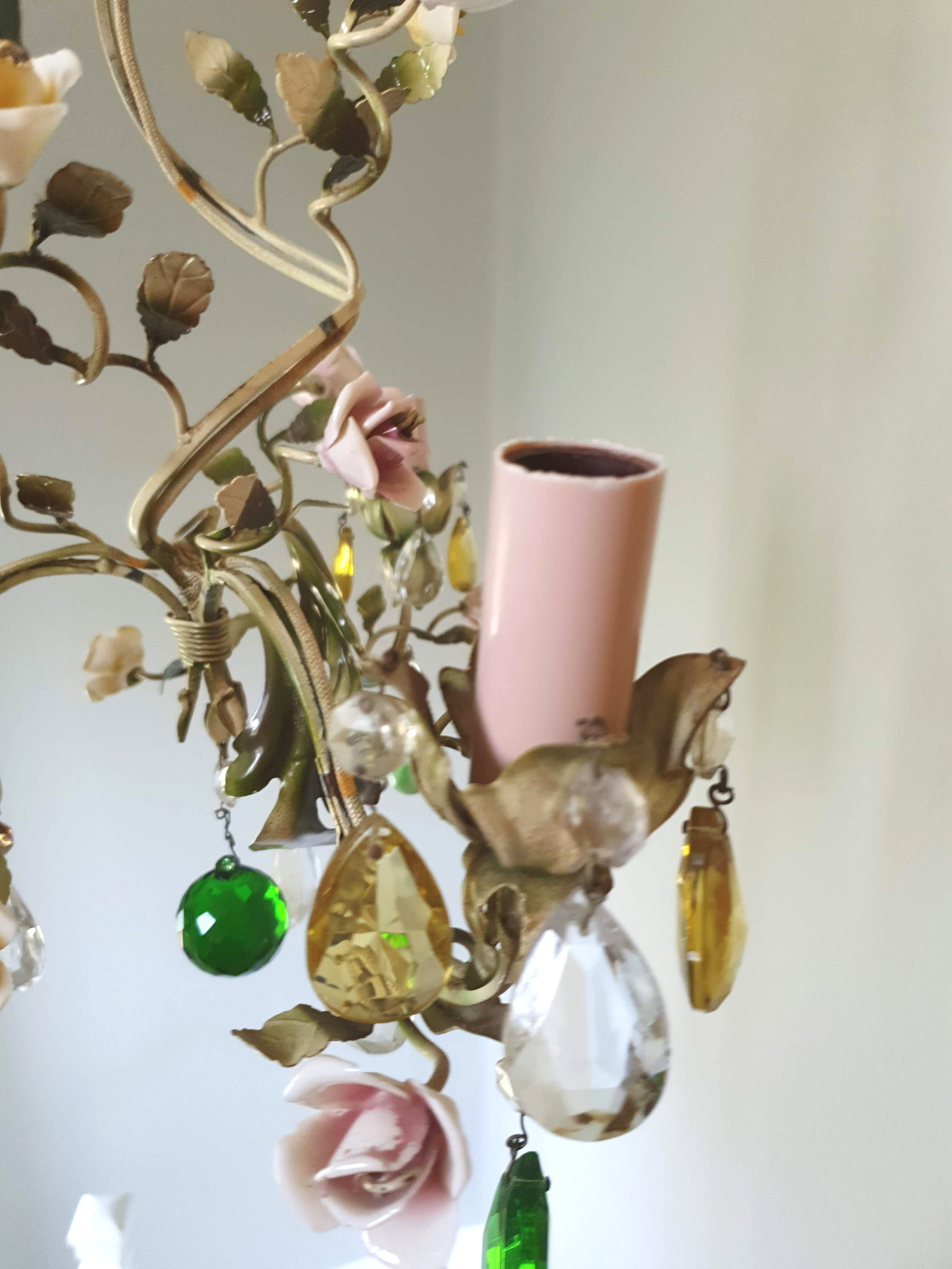 Painted metal chandelier and porcelain flowers