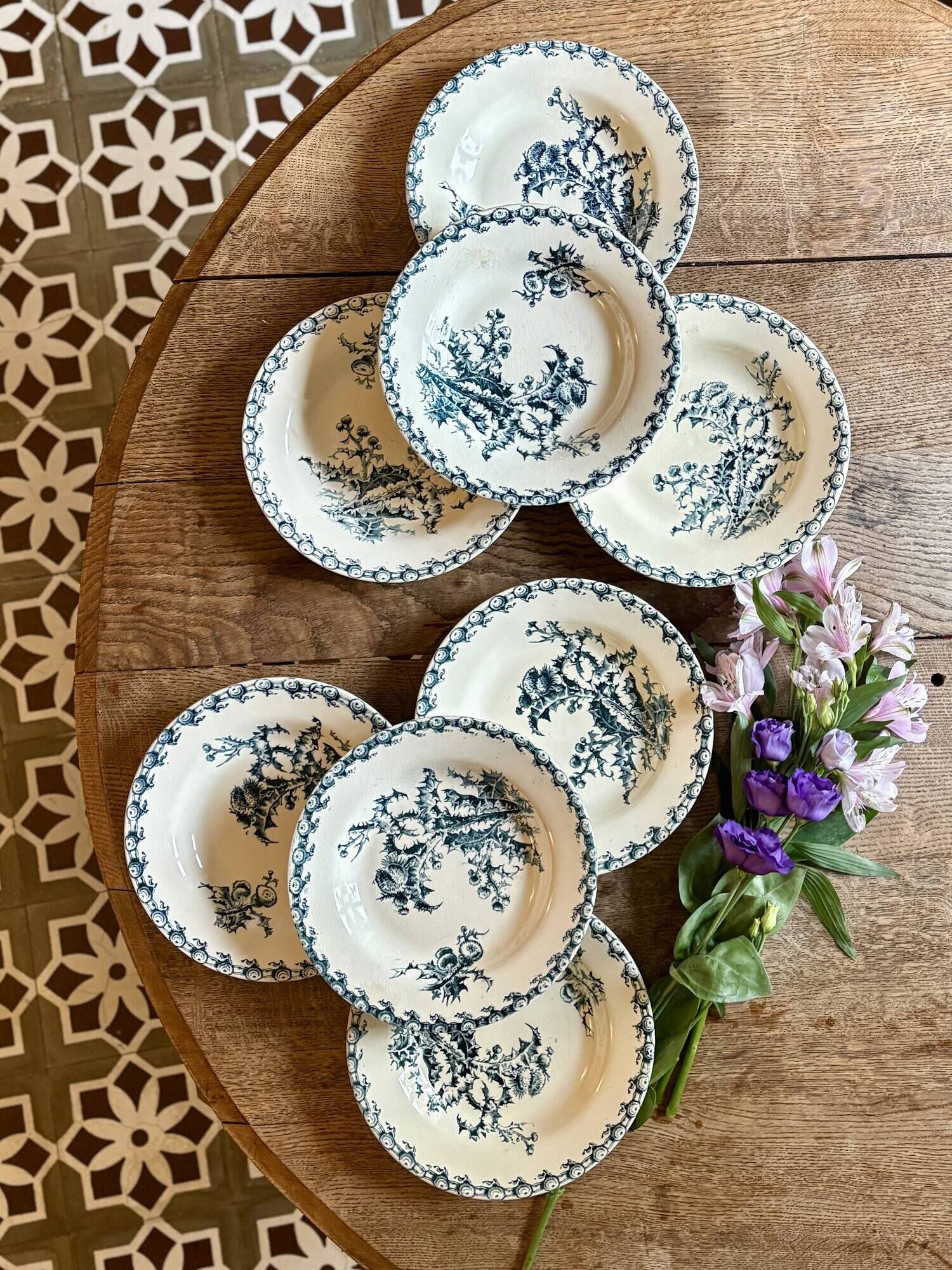 Set of 8 antique deep plates in ironstone, Chardons de Gien