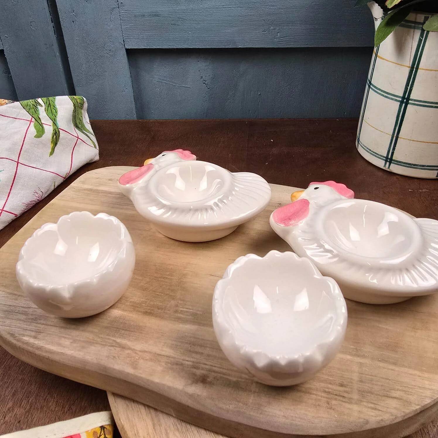 Vintage egg service for 2: Chicken egg cups & shells + fabric hats