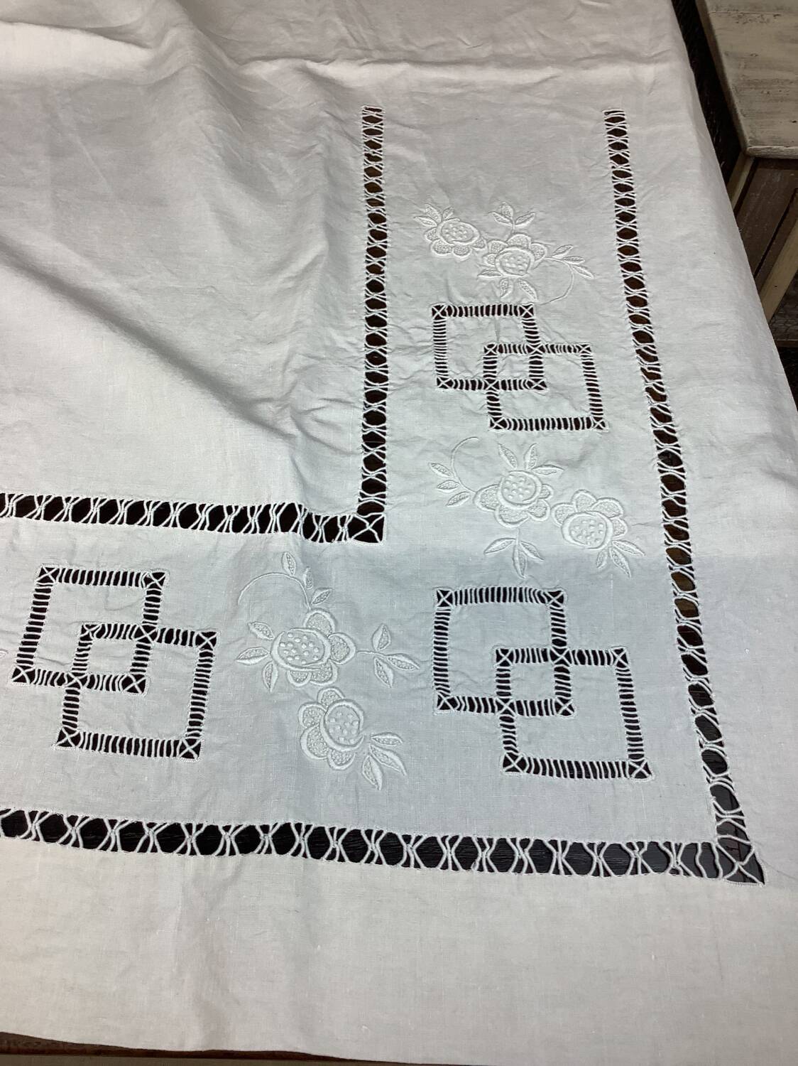 Old linen sheet with monogram embroidery