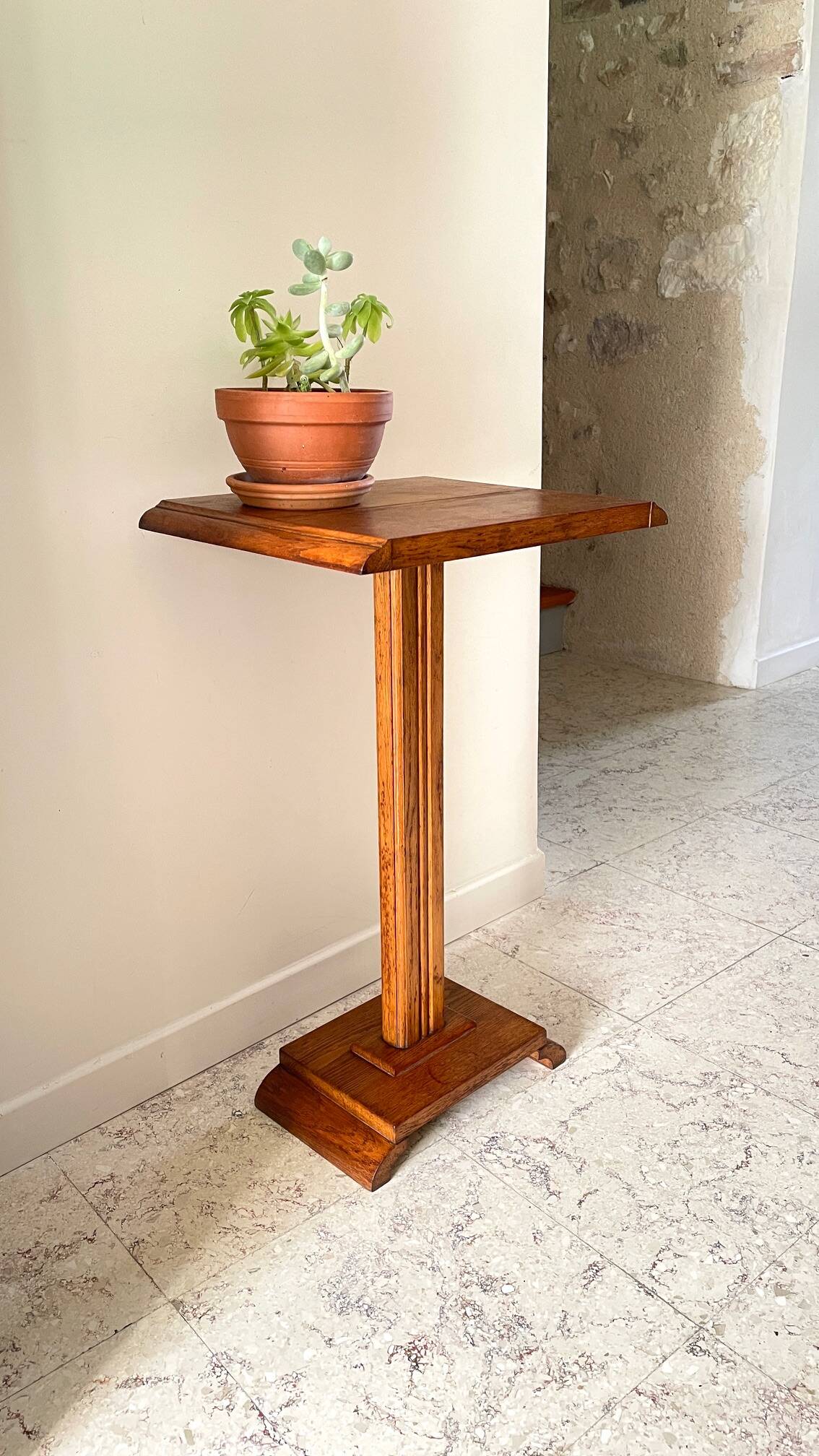 Vintage solid oak saddle plant holder