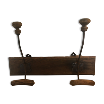 Vintage wooden coat rack 2 metal hooks