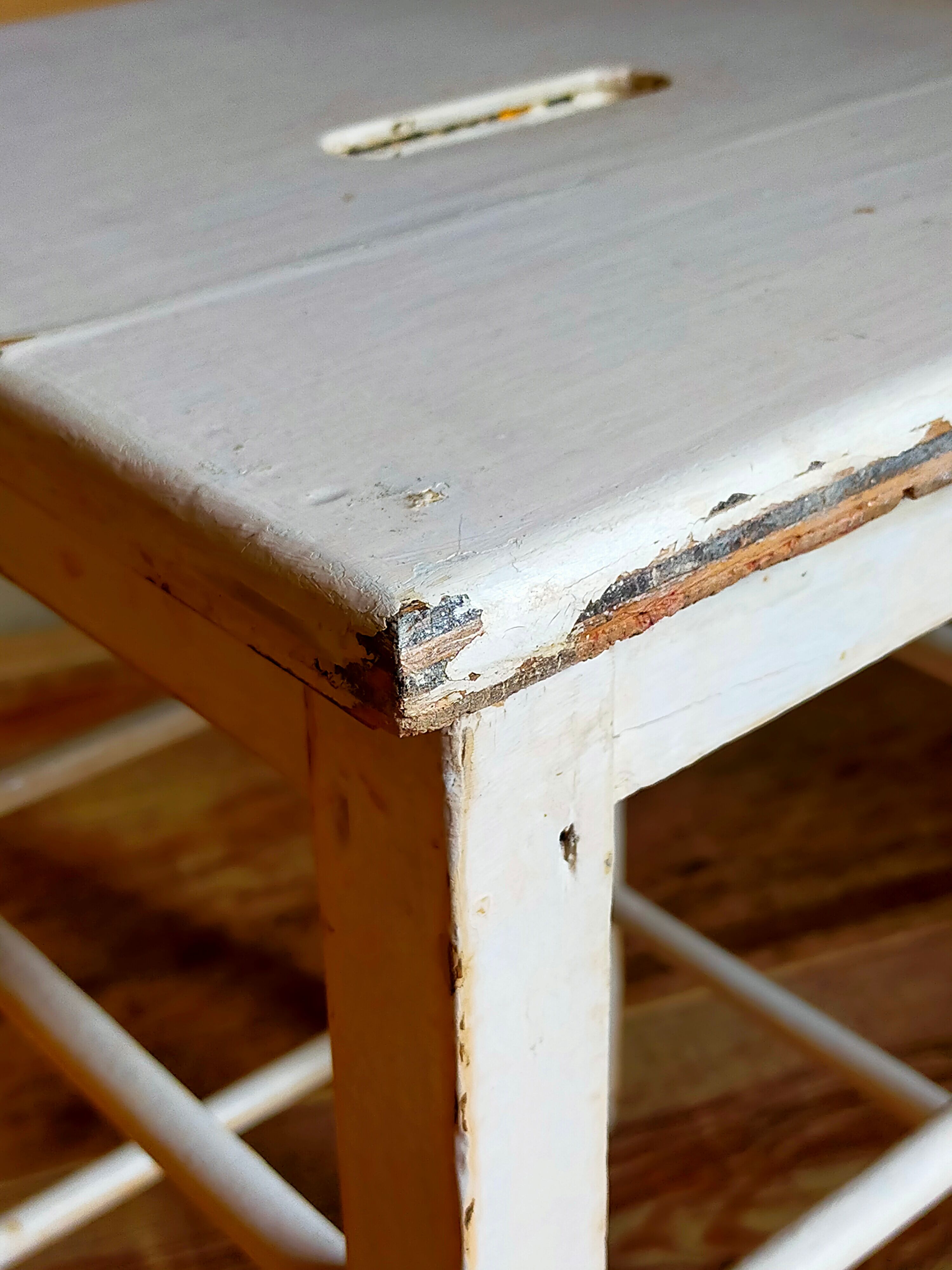Workshop stool in vintage patinated solid wood