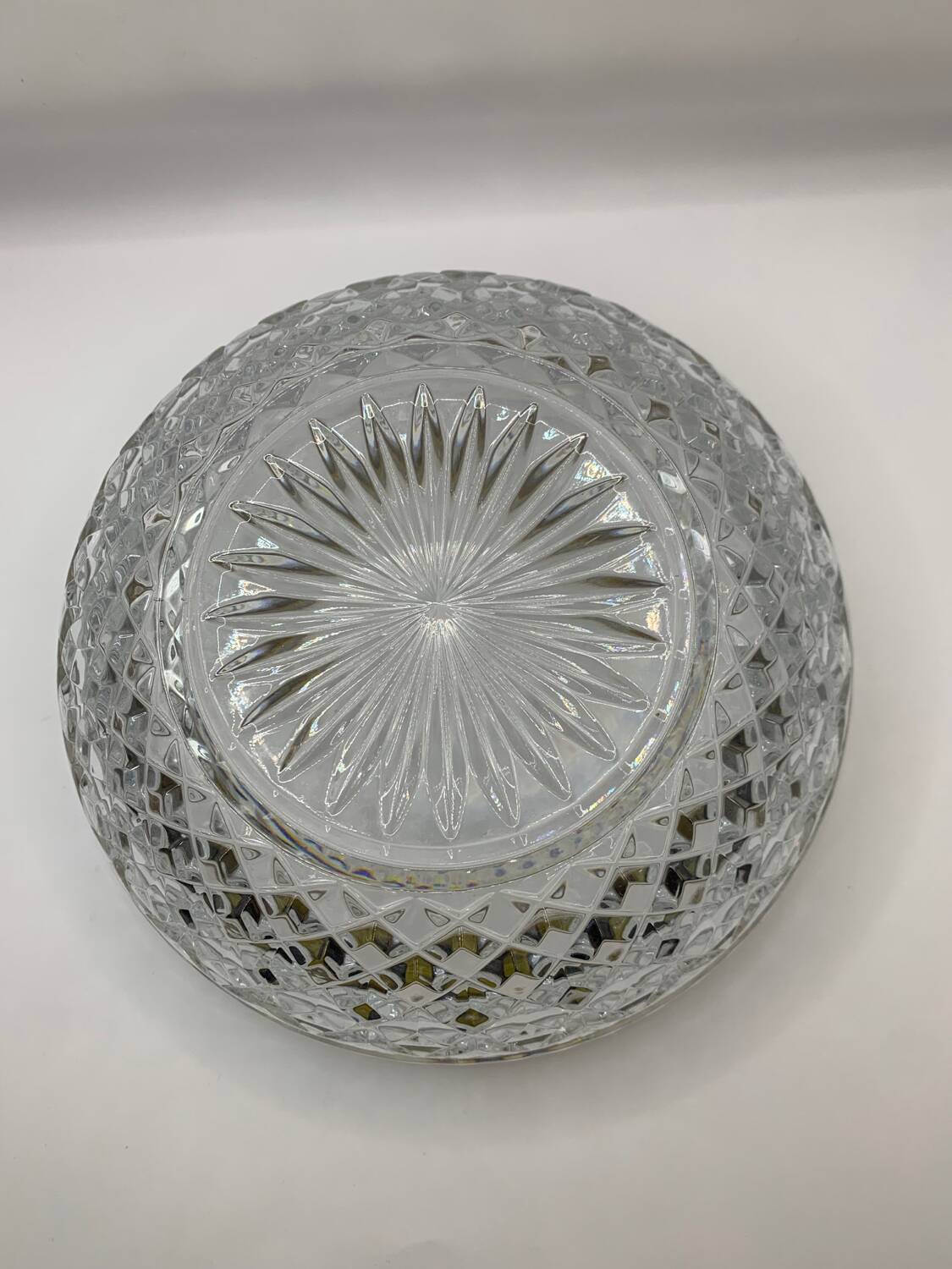 Chiseled glass (crystal?) salad bowl with silver metal edge