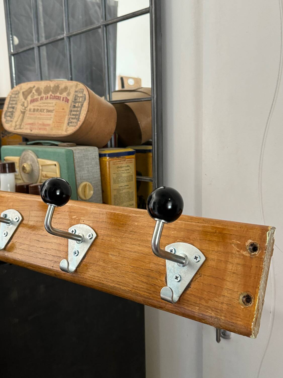 Old school coat rack 10 black ball hooks