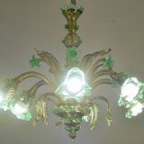 6 arms vintage Venetian chandelier, green Murano glass, 1950s