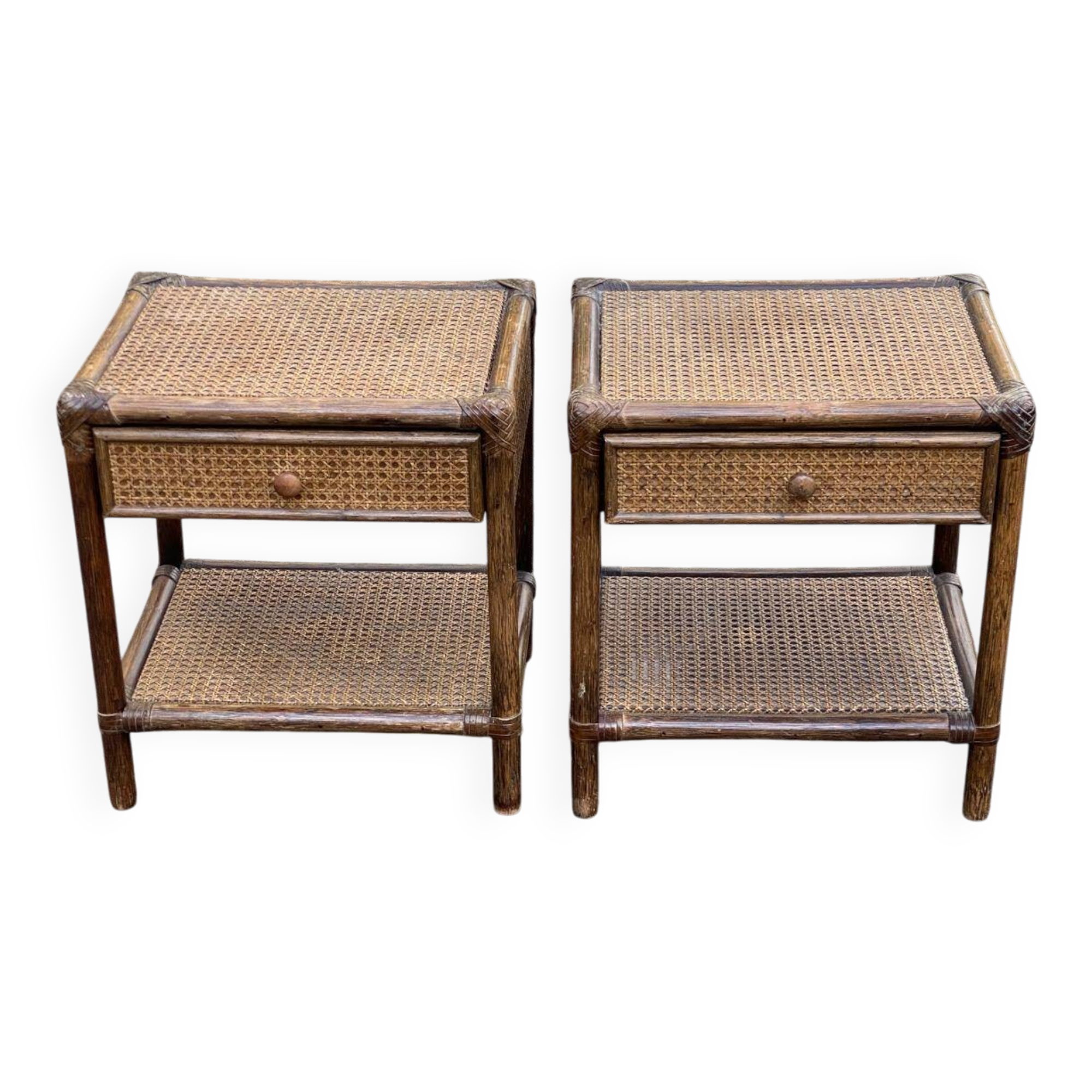 Pair of vintage bedside tables in rattan and caned wicker.
