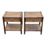Pair of vintage bedside tables in rattan and caned wicker.