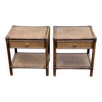 Pair of vintage bedside tables in rattan and caned wicker.
