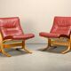 Pair Ingmar Relling Siesta Lounge Chairs in Beech and Burgundy Leather