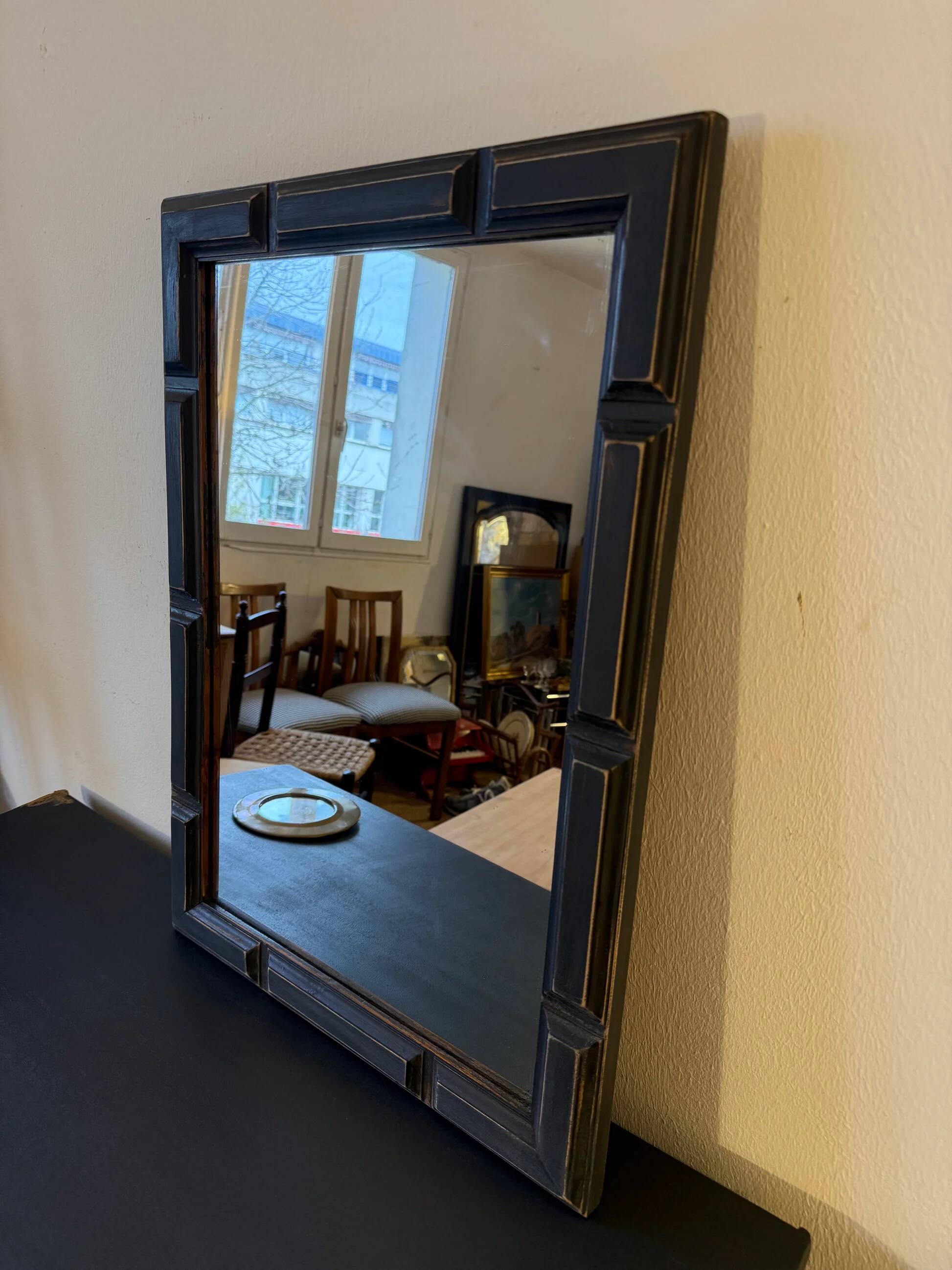Patinated black rectangular wooden mirror