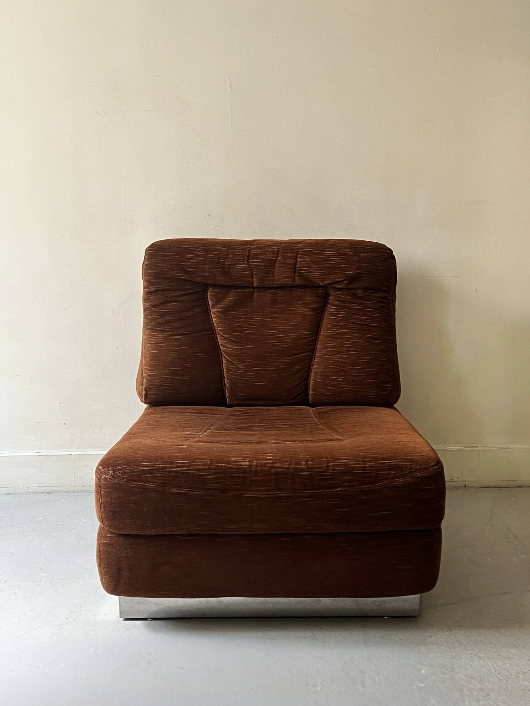 Velvet armchair with chrome metal by J. Charpentier, France, design 1970.