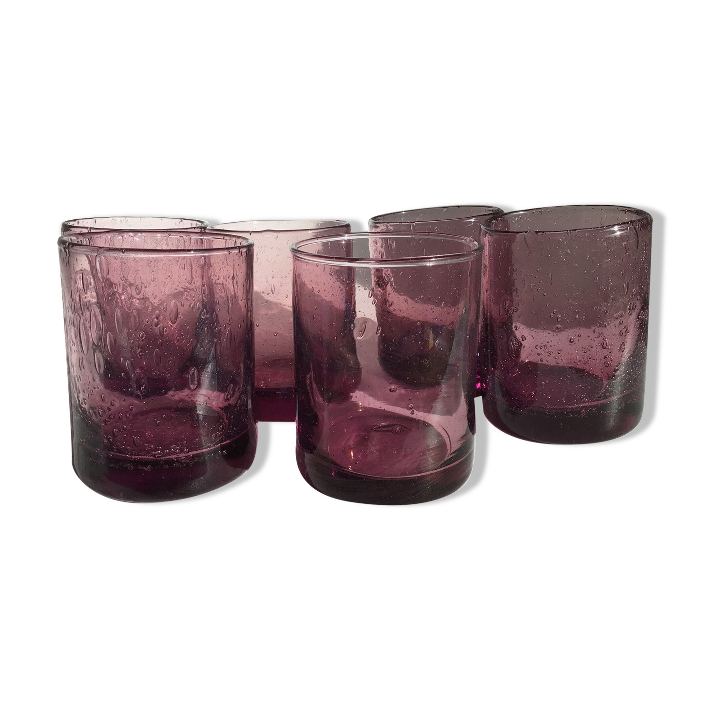 6 Straight bubbled glasses purple mouth blown glass