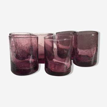6 Straight bubbled glasses purple mouth blown glass