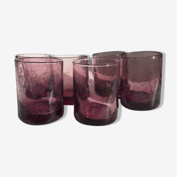 6 Verres bullés droits verre soufflé bouche violet