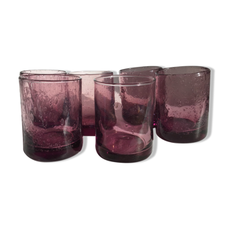 6 Straight bubbled glasses purple mouth blown glass