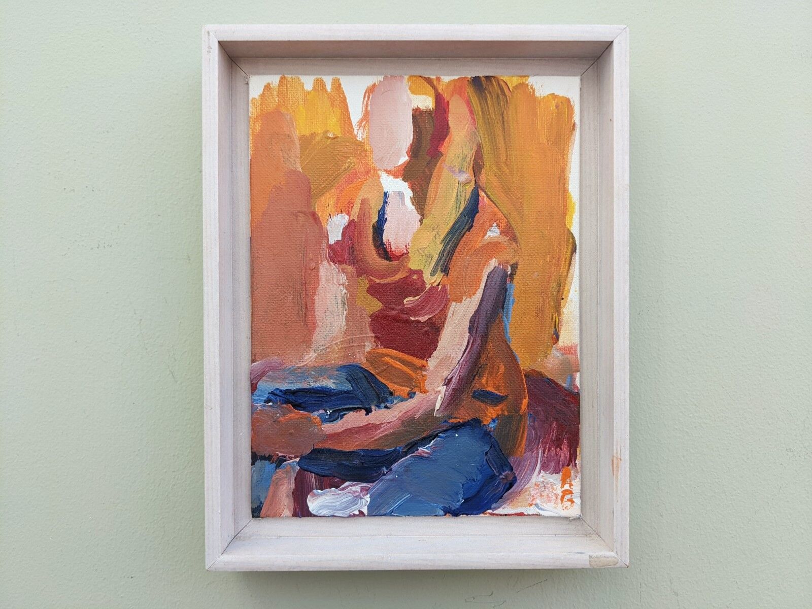 Mid-Century Modern "Seated in Orange" Swedish Vintage Abstract Portrait Oil Painting, Framed