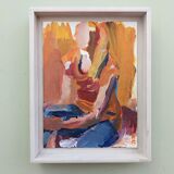 Mid-Century Modern "Seated in Orange" Swedish Vintage Abstract Portrait Oil Painting, Framed
