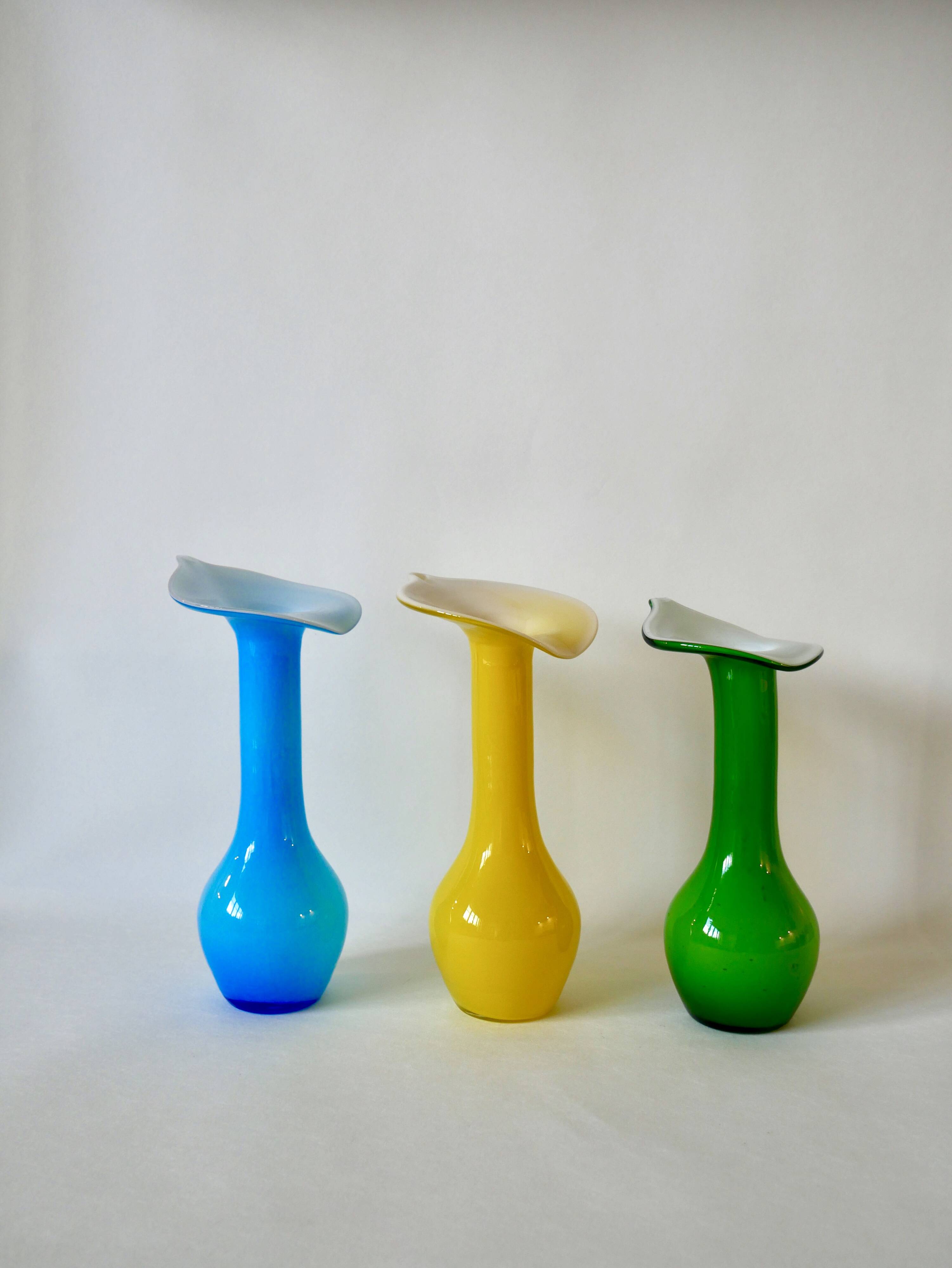 trio of designer vases in yellow, green and blue opaline from the 60s