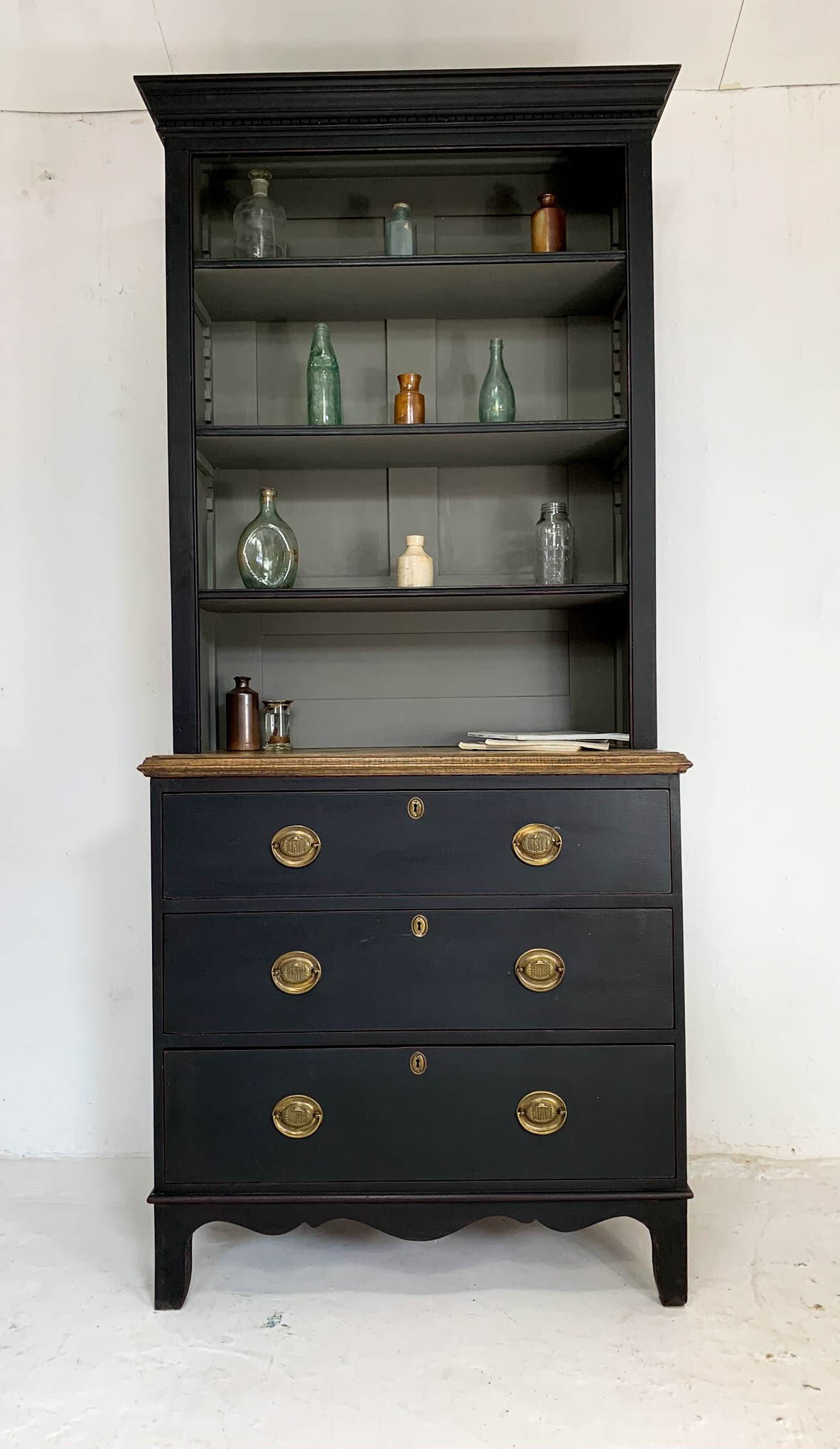 Antique black painted pine bookcase
